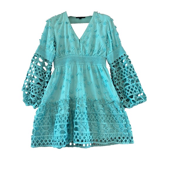 Boston Proper Dresses & Skirts - Boston Proper Embroidered Crochet Babydoll Dress XS Blue Boho Bishop Sleeve